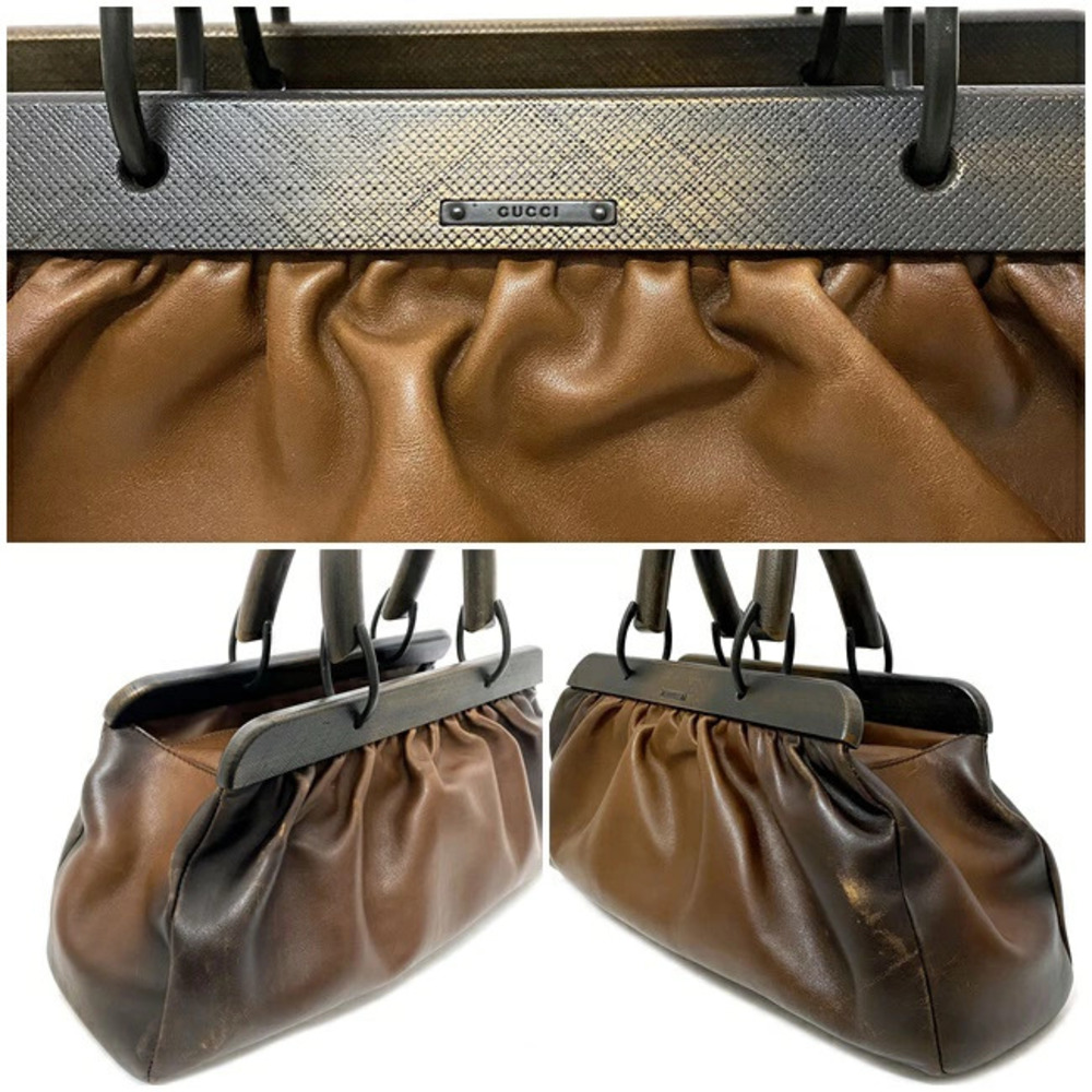 Gucci Handbag Brown Leather Wood Boston Bag Belt Closure Logo - Picture 9 of 10